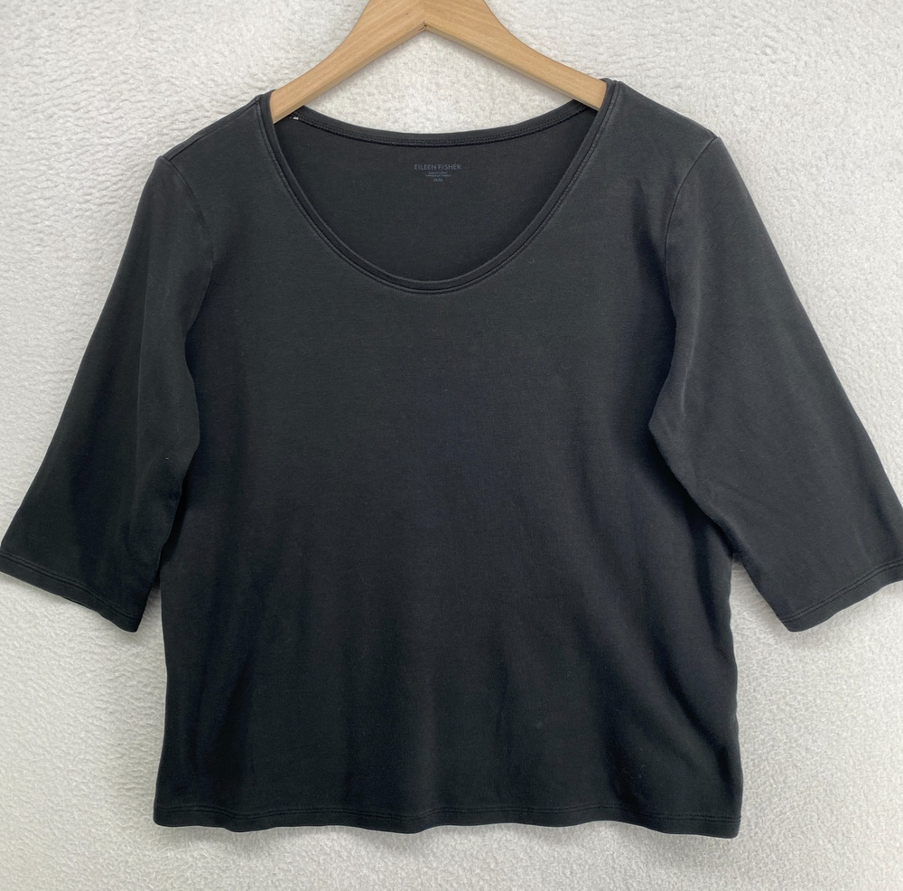 EILEEN FISHER Top M Organic Cotton Interlock Jersey Scoop Neck 3/4 Sleeve Gray